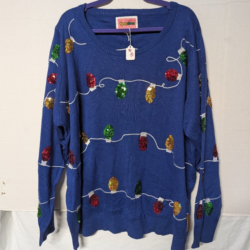 Tipsy Elves Christmas Lights Sweater – Women’s 3XL– Blue Sequin Holiday Ugly